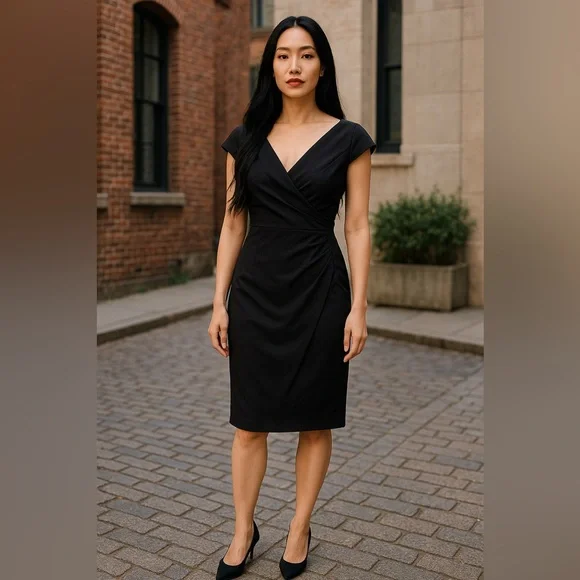 Maggie London Black V-Neck Cap Sleeve Cocktail Dress Size 6 - Picture 2 of 5